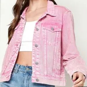 Veveret pink distressed denim jacket